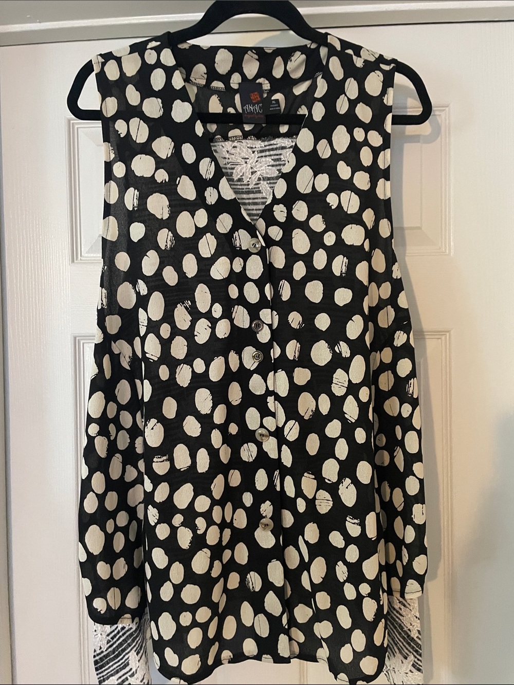 Flowy Boho Top by ANAC - Designed by Kimi - Black with Cream Dot Design - XL
